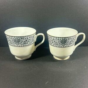 Carriage‎ House Castile 458 Teacups White Black Floral Gold Trim Japan Set of 2